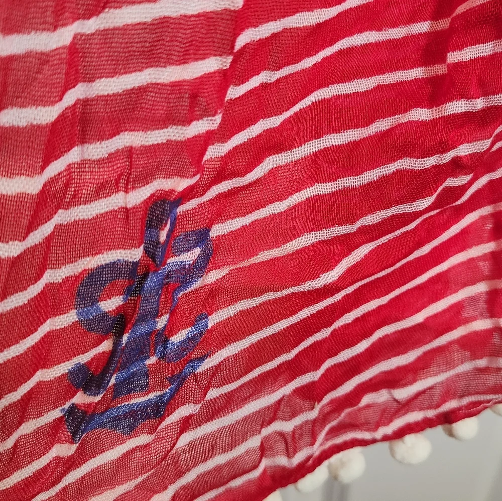 Red White Striped Lightweight Nautical Scarf Pompom Trim